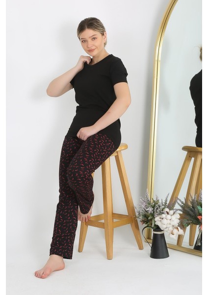 Kadın Kısa Kol Pamuk Penye Pijama Takım Siyah 4214