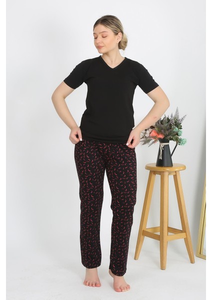 Kadın Kısa Kol Pamuk Penye Pijama Takım Siyah 4214 fiyatları