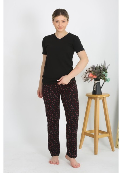 Kadın Kısa Kol Pamuk Penye Pijama Takım Siyah 4214 modelleri