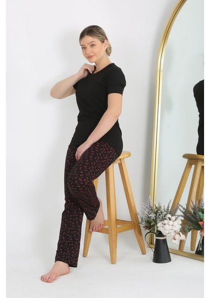 Kadın Kısa Kol Pamuk Penye Pijama Takım Siyah 4214 indirimleri