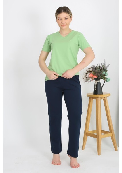 Kadın Kısa Kol Pamuk Penye Pijama Takım Fıstık Yeşili 4215 fırsatları