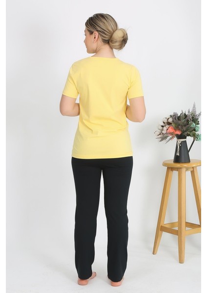 Kadın Kısa Kol Pamuk Penye Pijama Takım Sarı 4215 fırsatları