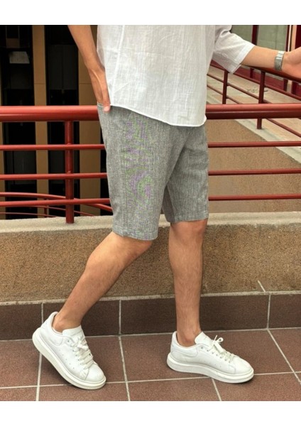 Erkek Bel Bağcıklı Keten Görünümlü Regular Fit Old Money Culture Şort 167-1