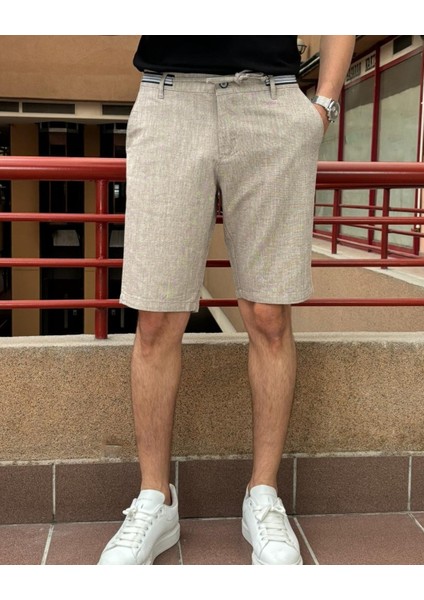 Erkek Bel Bağcıklı Keten Görünümlü Regular Fit Old Money Culture Şort 167-1