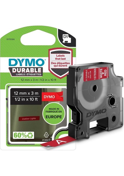 Kalıcı D1 Şerit (12 mm x 3 Mt), Kırmızı/beyaz - 1978366