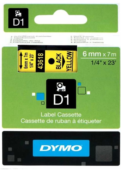 43618 Sarı/siyah D1 Yedek Şerit (6 mm x 7 Mt) Sarı Etiket Üzerine Siyah Yazar