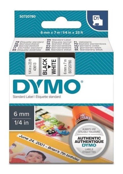 D1 Yedek Şerit Beyaz/siyah 6mm x 7mt (43613)