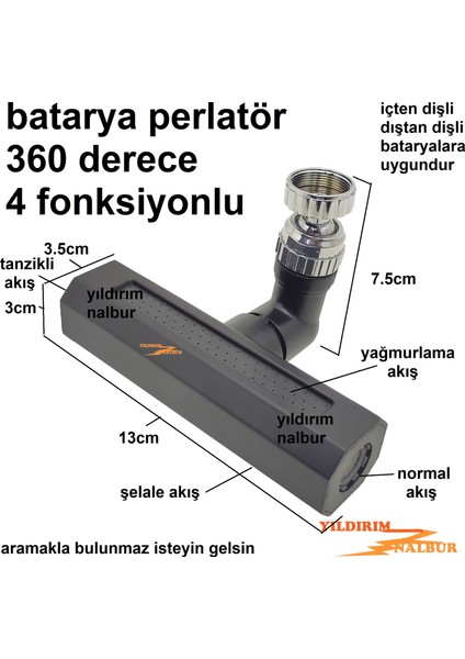 Evye Batarya Ucu Filtreli 360 Derece 4 Fonksiyon Perlatör Uzatma Batarya Borusu Ucu