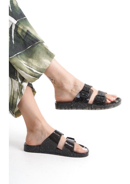 Kadın Jelly Şeffaf Siyah Sim Düz Terlik-MSTB165-SSS