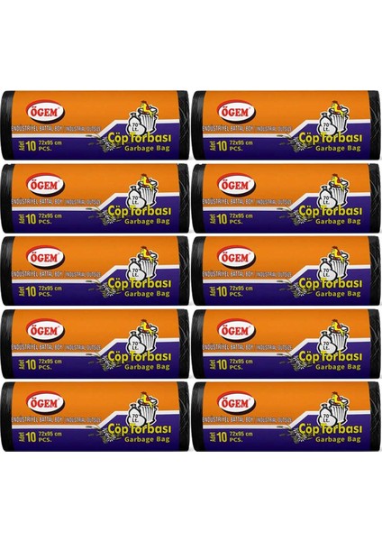 Endüstriyel Battal Boy Çöp Poşeti (72 x 95 Cm) 10 Lu Rulo x 10 Paket Çöp Torbası Siyah
