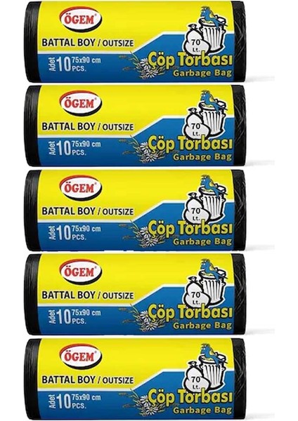 Battal Boy Çöp Poşeti (75 x 90 Cm) 10 Lu Rulo x 5 Paket Çöp Torbası Siyah