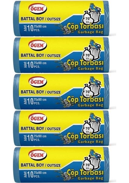 Battal Boy Çöp Poşeti (75 x 90 Cm) 10 Lu Rulo x 5 Paket Çöp Torbası Mavi