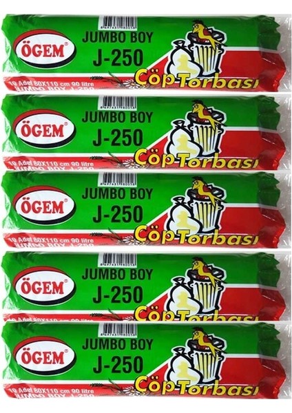J-250 Jumbo Boy Çöp Poşeti (80 x 110 Cm) 10 Lu Rulo x 5 Paket Çöp Torbası Siyah