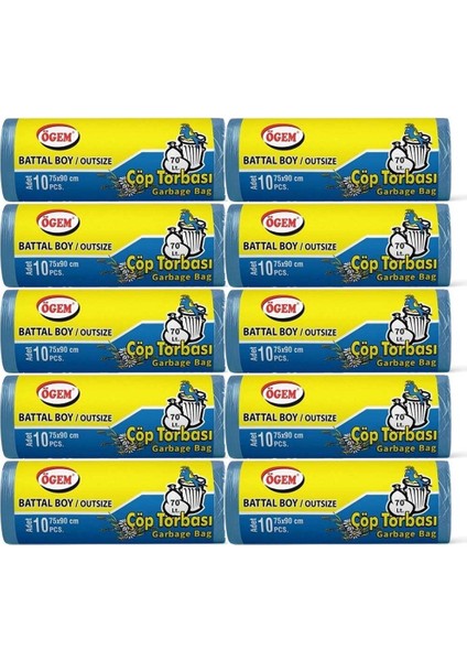 Battal Boy Çöp Poşeti (75 x 90 Cm) 10 Lu Rulo x 10 Paket Çöp Torbası Mavi