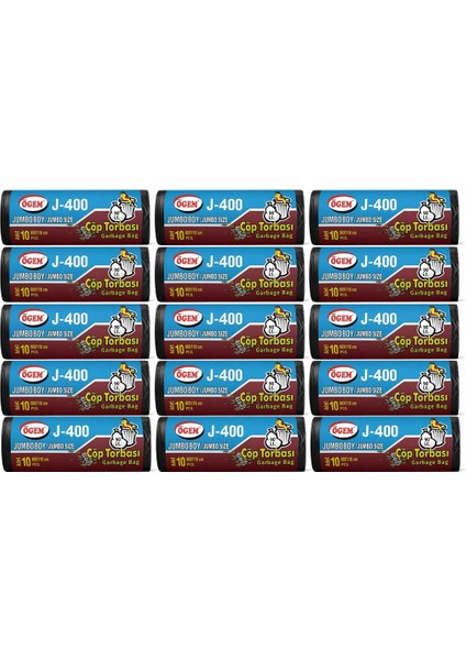 J-400 Jumbo Boy Çöp Poşeti (80 x 110 Cm) 10 Lu Rulo x 15 Paket Çöp Torbası Siyah