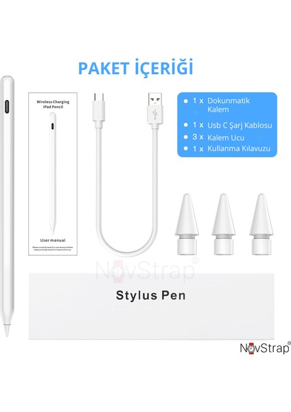 Novstrap Apple iPad Air 11/13 Inç ile Uyumlu Tablet Kalemi Pencil, Avuç Içi Reddi Manyetik Şarj 3xuç