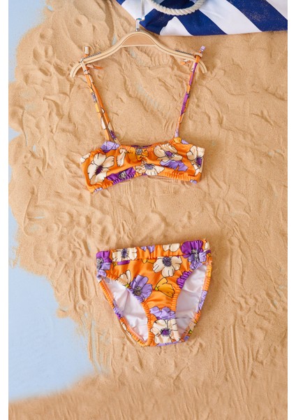 Turuncu Ip Askılı Çiçek Desenli Kız Çocuk Bikini 19045