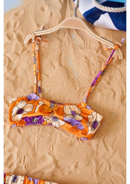 Turuncu Ip Askılı Çiçek Desenli Kız Çocuk Bikini 19045 fiyatları
