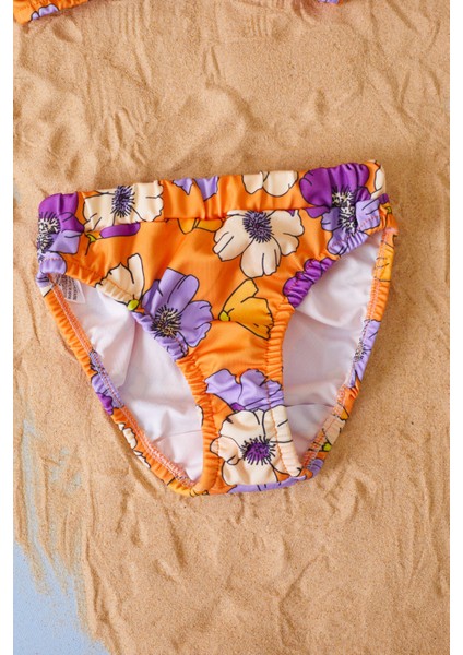 Turuncu Ip Askılı Çiçek Desenli Kız Çocuk Bikini 19045 modelleri
