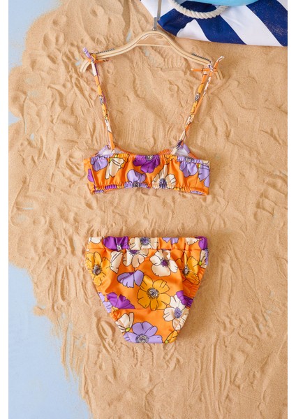 Turuncu Ip Askılı Çiçek Desenli Kız Çocuk Bikini 19045 fırsatları