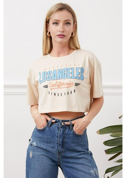 Los Angeles Baskılı Bej Renkli Crop