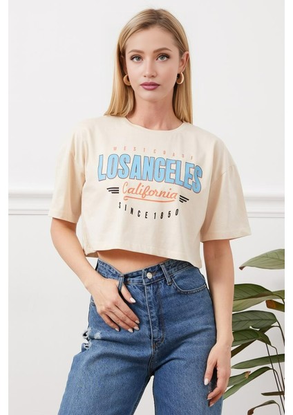 Los Angeles Baskılı Bej Renkli Crop fiyatları