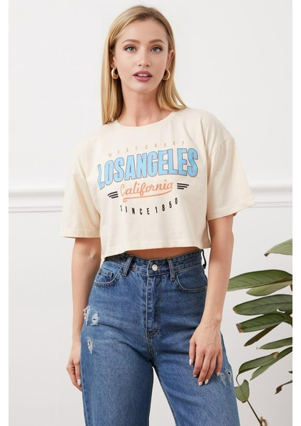 Los Angeles Baskılı Bej Renkli Crop modelleri