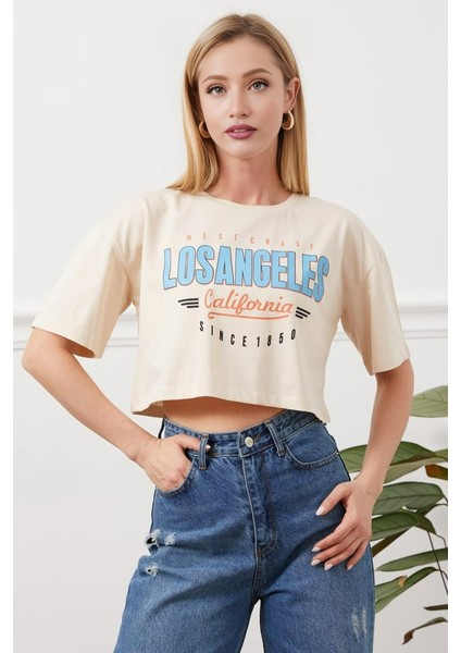 Los Angeles Baskılı Bej Renkli Crop fırsatları