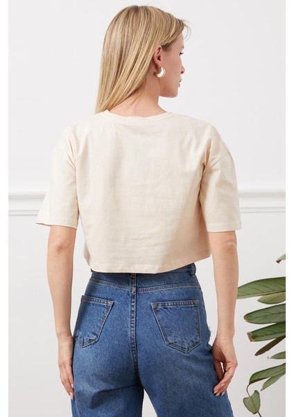 Los Angeles Baskılı Bej Renkli Crop indirimleri