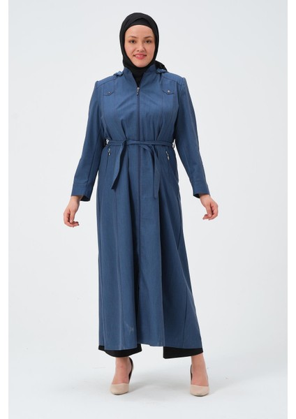 Neşe Kadın Tam Boy Parçalı Kemerli Kapüşonlu Taşlanmış Kot Pardesü fiyatları