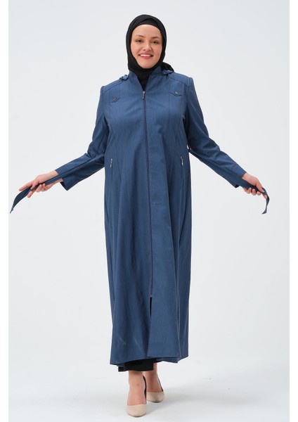 Neşe Kadın Tam Boy Parçalı Kemerli Kapüşonlu Taşlanmış Kot Pardesü modelleri