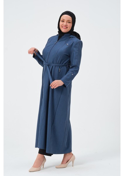 Neşe Kadın Tam Boy Parçalı Kemerli Kapüşonlu Taşlanmış Kot Pardesü fırsatları