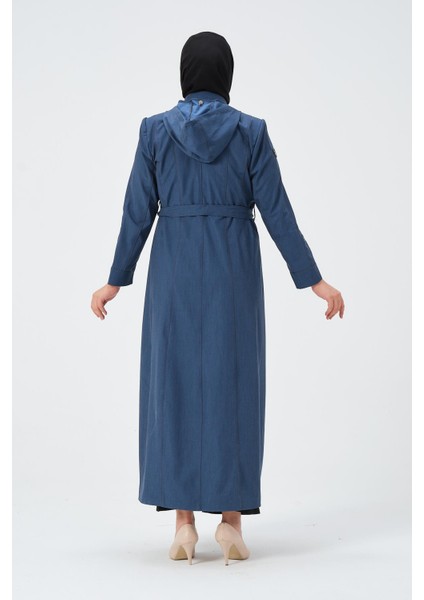 Neşe Kadın Tam Boy Parçalı Kemerli Kapüşonlu Taşlanmış Kot Pardesü indirimleri