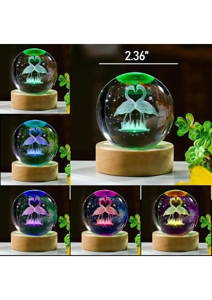 Kişiye Özel Büyük Boy Işıklı Ahşap Kaideli Flamingo Çifti Temalı Cam Küre 8cm
