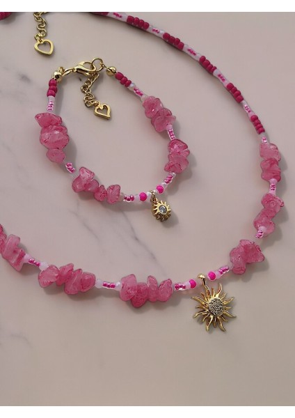 Amabel Jewelerys Kristal ve Kırıktaş Kadın Kolye Bileklik Takı Seti