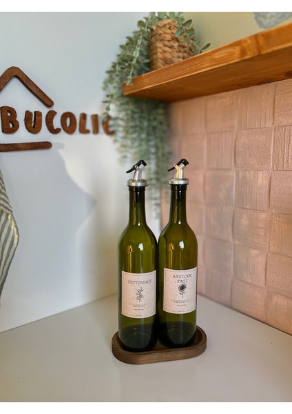 Yağ Yeşili Standlı 2'li Cam Zeytinyağı Ayçiçek Yağı Şişesi 750 ml Yağdanlık Vintage