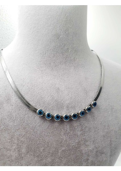 Italyan Ezme Zincir Gümüş Renk Sıralı Göz Boncuğu Çelik Kolye