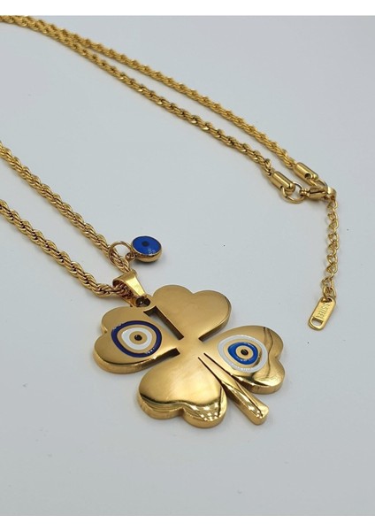 Gold Nazar Boncuklu Mineli Yonca Burgu Çelik Kolye