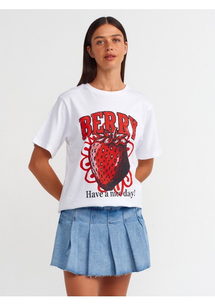 31064 Baskılı Bisiklet Yaka T-Shirt-Beyaz