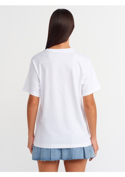 31064 Baskılı Bisiklet Yaka T-Shirt-Beyaz
