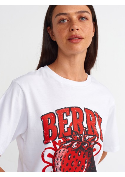31064 Baskılı Bisiklet Yaka T-Shirt-Beyaz