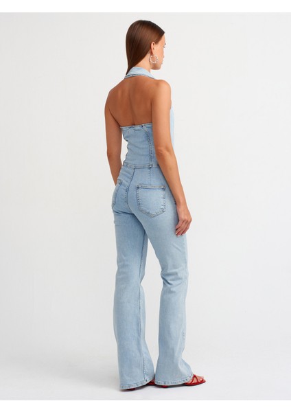 71509 Sırtı Açık Likralı Denim Tulum-Mavi