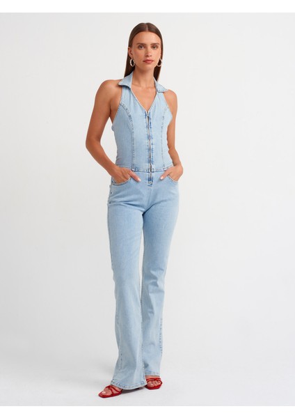 71509 Sırtı Açık Likralı Denim Tulum-Mavi