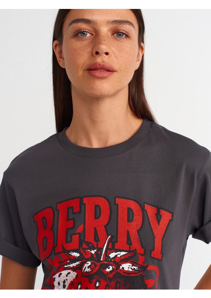 31064 Baskılı Bisiklet Yaka T-Shirt-Antrasit