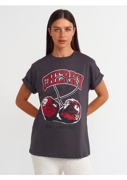 31065 Baksı Detaylı T-Shirt-Antrasit