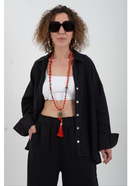 Siyah Premium Naturel Keten Gömlek