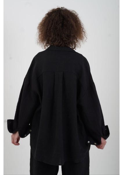 Siyah Premium Naturel Keten Gömlek fırsatları