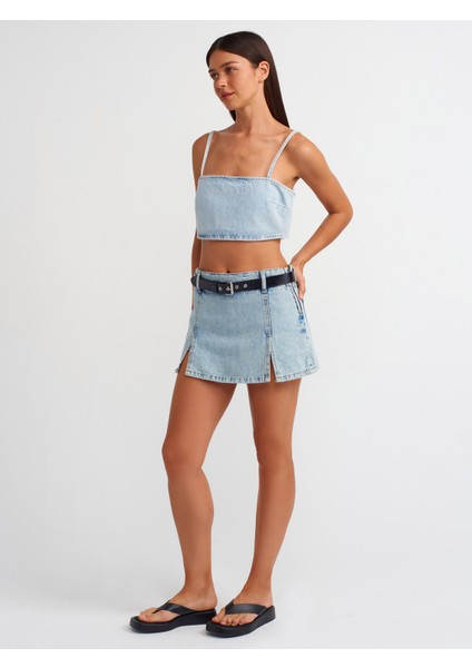 71496 Önü Yırtmaçlı Denim Şort Etek-Mavi