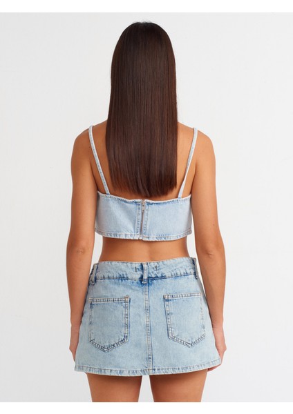 71496 Önü Yırtmaçlı Denim Şort Etek-Mavi fiyatları