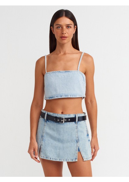 71496 Önü Yırtmaçlı Denim Şort Etek-Mavi modelleri